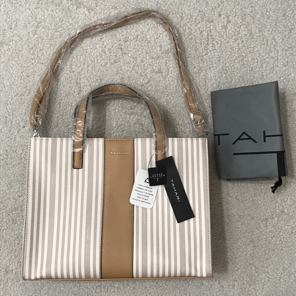 Tahari $149 MSRP Striped Satchel Bag + Dustbag Vegan Leather Cream